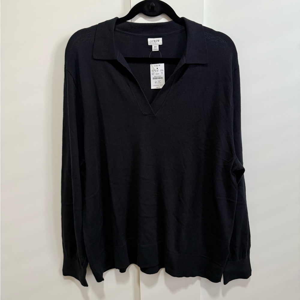 J. Crew Factory Black Popover Soft Polo Knit Spread Collar Preppy Long Slv NWT - Picture 5 of 6